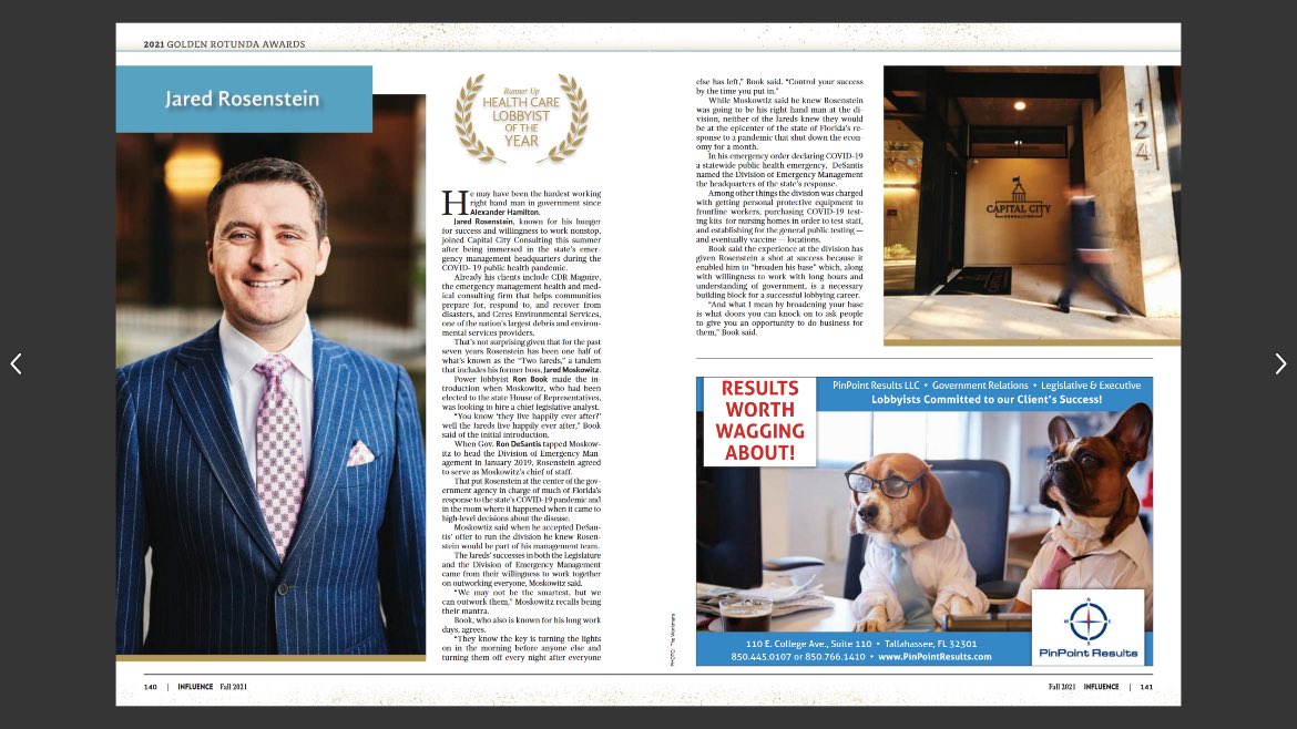 Congratulations to CCC lobbyist <a href="/JaredRosenstein/">Jared Rosenstein</a> who was named 2021 Runner-Up Healthcare Lobbyist of the Year by Influence Magazine. Congratulations Jared! #flapol #floridalobbyist