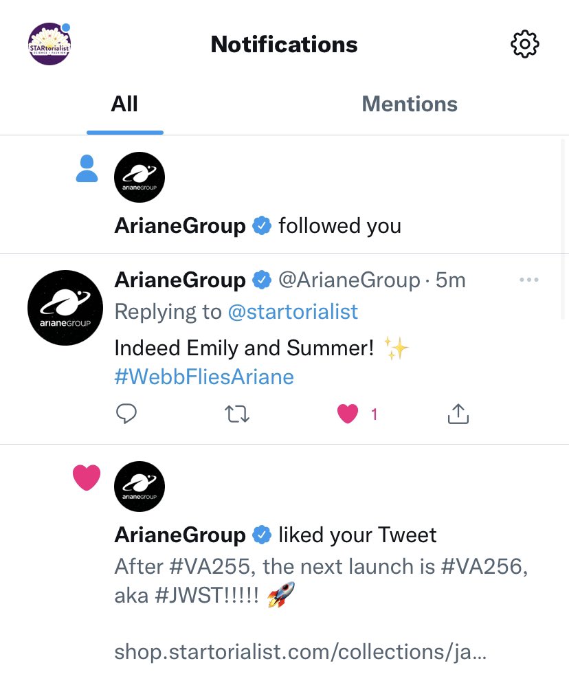 Screenshot of Twitter notifications showing Ariane Group liking our tweet, their response to it, and following us (from bottom to top)
