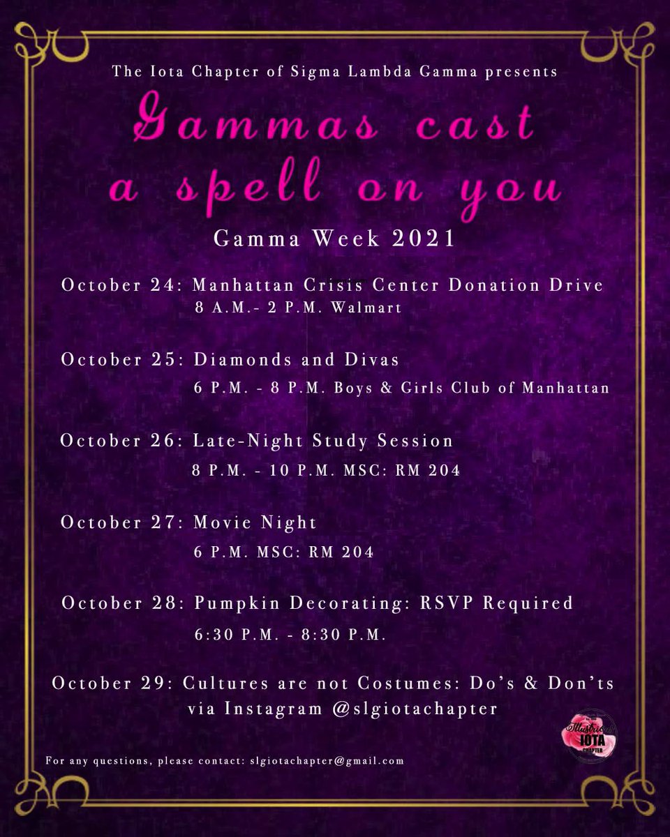 SLGIotaChapter's tweet image. To celebrate 27 years of the Illustrious Iota chapter being on campus at K-State we present our fall Gamma Week events! For any questions or further details DM us or contact our email slgiotachapter@gmail.com