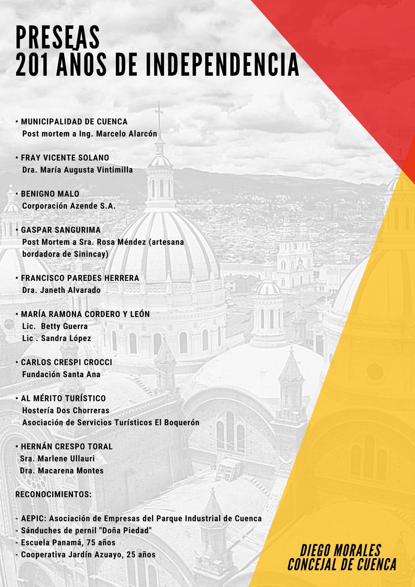 DiegoMorales593's tweet photo. 🔴 ATENCIÓN 
En Sesión Extraordinaria el @DeCantonal designó a quienes recibirán las preseas en la Sesión Solemne por la conmemoración de los 201 años de #IndependenciaDeCuenca.
Felicidades a los cuencanos y cuencanas y a las entidades que con su labor engrandecen nuestra ciudad. https://t.co/n8Fh3luZb5