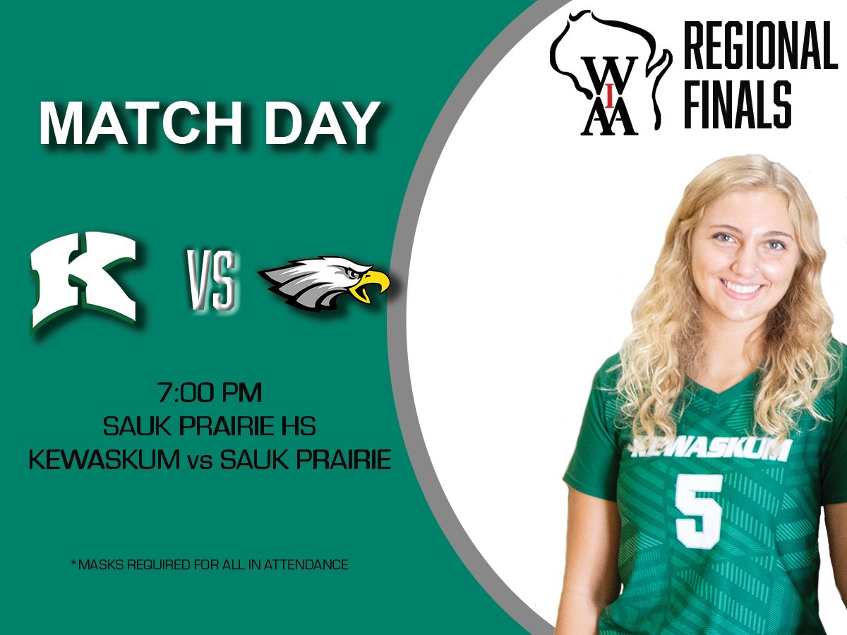 Regional Finals! Kewaskum vs Sauk Prairie. 7:00pm first serve at Sauk Prairie HS. #khsvbwi

*Masks are required for all in attendance.
