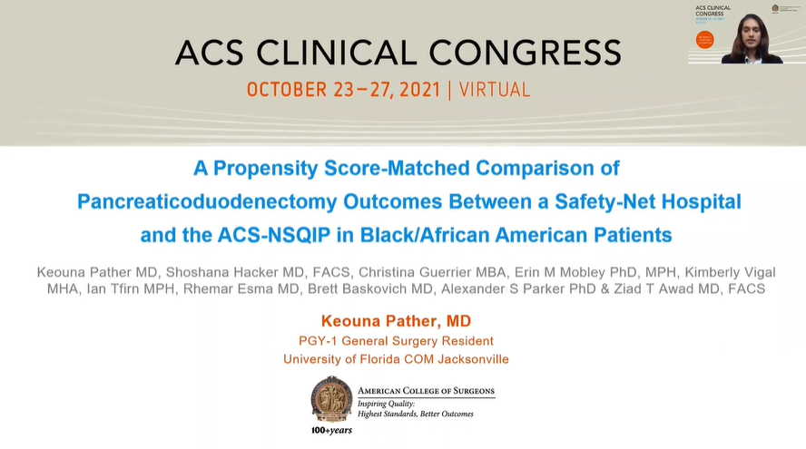 ErinMMobley's tweet photo. Check out this great presentation from @kpather09 &amp; @ziadtawad at #ACSCC21 on Propensity Score-Matched Comparison of #Whipple Outcomes Between a Safety-Net Hospital &amp; the @AmCollSurgeons NSQIP in Black/African American Patients. https://t.co/7iBw4x4QIr