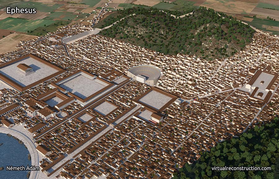 Macar 3D sanatçısı Adam Nemeth’in, bir senelik çalışmanın sonunda ortaya çıkardığı Efes Antik Kenti’nin 2000 sene önceki haline ait illüstrasyonları.