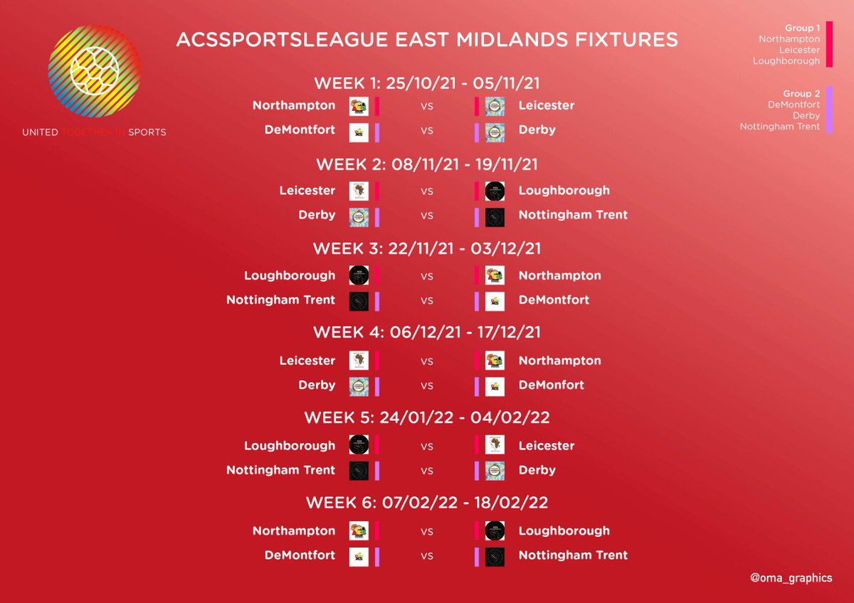 We are pleased to officially reveal the EAST MIDLANDS DISTRICT GROUPS &amp; FIXTURES for the ACSSPORTSLEAGUE 21/22 season!

All fixtures are for football, netball and basketball!🏆

Which game are you most looking forward to?💭

<a href="/NN2ACS_/">NORTHAMPTON ACS✊🏾</a> <a href="/LEICESTERACS/">UoL African Caribbean Society</a> <a href="/LSU_ACS/">Loughborough ACS</a> <a href="/DerbyACS/">Derby ACS</a> <a href="/NTU_ACS/">Nottingham Trent ACS</a>