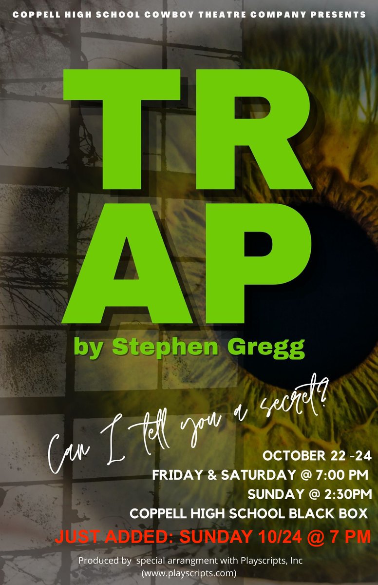 Come see the show that sold out in just 17 MINUTES last night! Crowds confirm that <a href="/CHStheatre_/">Coppell HS Cowboy Theatre Company🎭</a>'s production of "TRAP" is not to be missed! Arrive early for your tix - the Box Office opens 45 mins before curtain. Extra show just added on Sunday 10/24 @ 7 PM! We'll see you there!