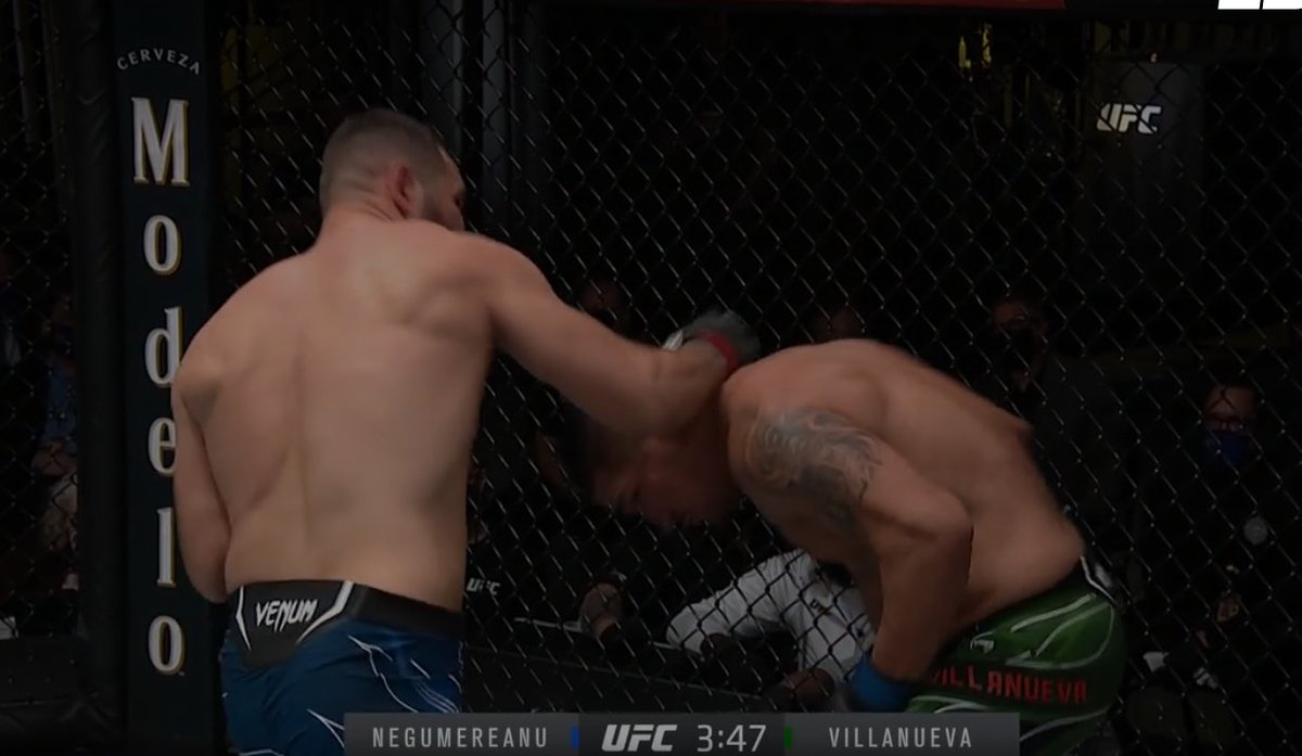 Looks a shot behind the head that dropped Villanueva but both were exchanging bombs so... #UFCVegas41