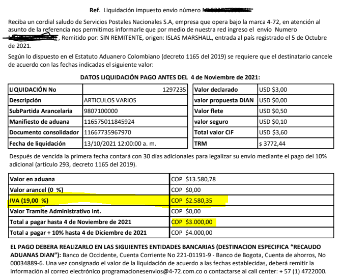 StudioWebColomb's tweet photo. @472Colombia , me explican estas matemáticas en la aplicación de  Ley 2155.
el articulo vale $3us la trm es de 3772,44 , en la liquidación aparece el valor del iva de $2.850,35 y el total a pagar es de $3.000, de donde salen los $419 de mas ?? https://t.co/80JyMWLhIl