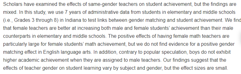 New study of student-teacher gender-matching in elem &amp; middle school, 7 yrs of data, all students in state of Indiana. F teachers raise achievement more than males. Some gender matching in math for F. No evidence boys benefit from M teachers.  journals.sagepub.com/doi/full/10.11…