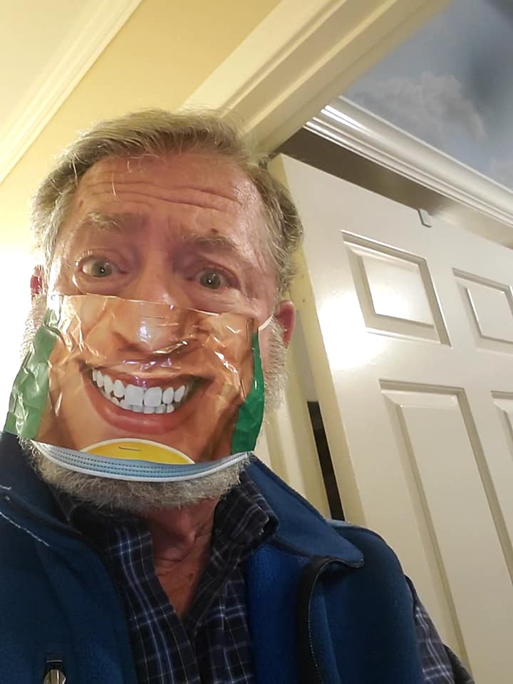 CarolynDeanBks's tweet photo. A friend of mine cut the facial graphic off of a bag of Lay's potato chips and stapled it onto his face mask. He said it makes him look younger, so maybe I should try it, too! ;) #InstantFaceLift #MaskStyle https://t.co/0VhzZbqWJr