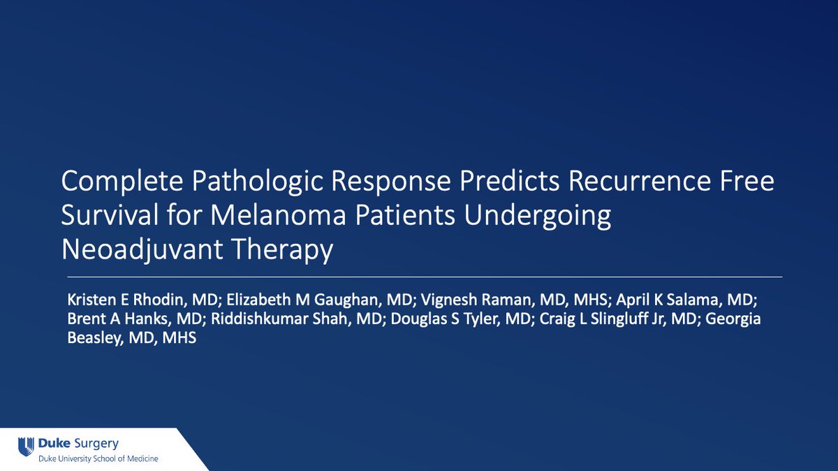 krisrho93's tweet image. Excited to present our work on neoadjuvant therapy in advanced melanoma amenable to resection at #ACSCC21! Thanks to mentors @DukeSurgery @DukeSurgRes @DukeCancer and collaborators @UVASurgery @UTMBSurgery