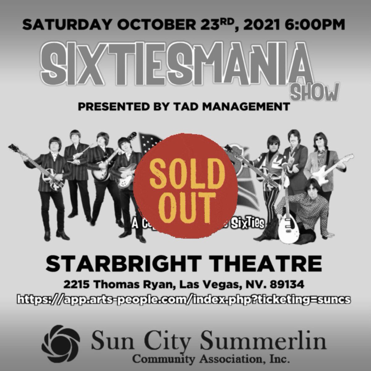 60sMania's tweet photo. It’s a #SoldOut show tonight! Thank you! #Summelin #LasVegas #Sixtiesmania #Concert #SixtiesMusic @TadShows https://t.co/e09nQy5zlA