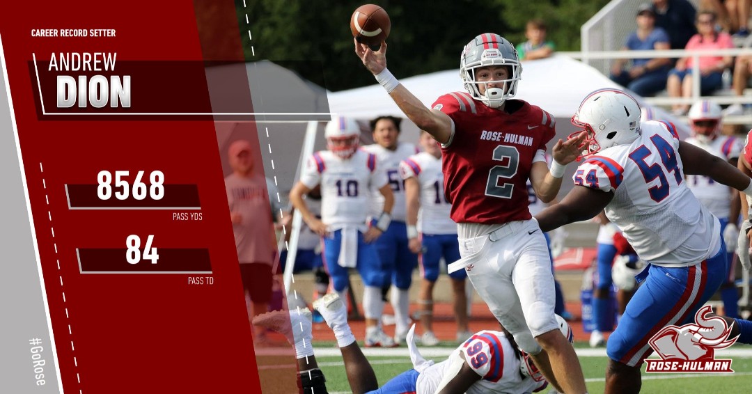 CAREER SCHOOL RECORD SETTER!!

Andrew Dion set not one... but 2 CAREER SCHOOL RECORDS in today's 57-14 Rose-Hulman football win at Manchester.

Dion now holds career school records for passing yards (8568) and passing TDs (84) after throwing for 292 yards and 6 TDs today. #GoRose