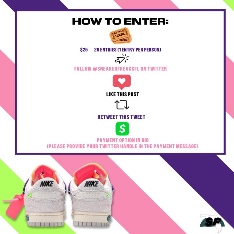 SneakerFreaksFL's tweet photo. RAFFLE ALERT!!!

Instructions:
🎟: $25 – 20 entries (1 entry per person)
👤: Follow @SneakerFreaksFL 
♥️: Like this post
🔁: Retweet
💰: Payment option in bio (Please provide your Twitter handle on the payment message) https://t.co/4OkYVaKAH7