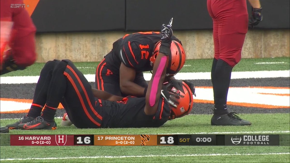 Sorry, only five OTs, not nine, needed in Ivy League battle of unbeatens:
No. 22 Princeton (6-0, 3-0) 18, Harvard (5-1, 2-1) 16
