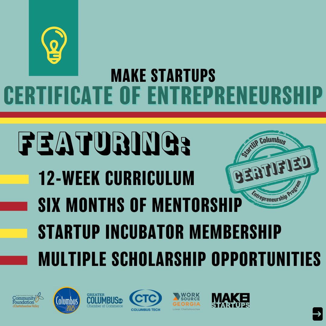 StartUpColGa's tweet photo. StartUP Columbus is now accepting applications to the Certificate of Entrepreneurship program! If you're ready to start your idea or have started your business and looking to grow, this program is for you. Complete the 10-minute online application process by October 26th. ➡️ https://t.co/EMyOjJ6d1u