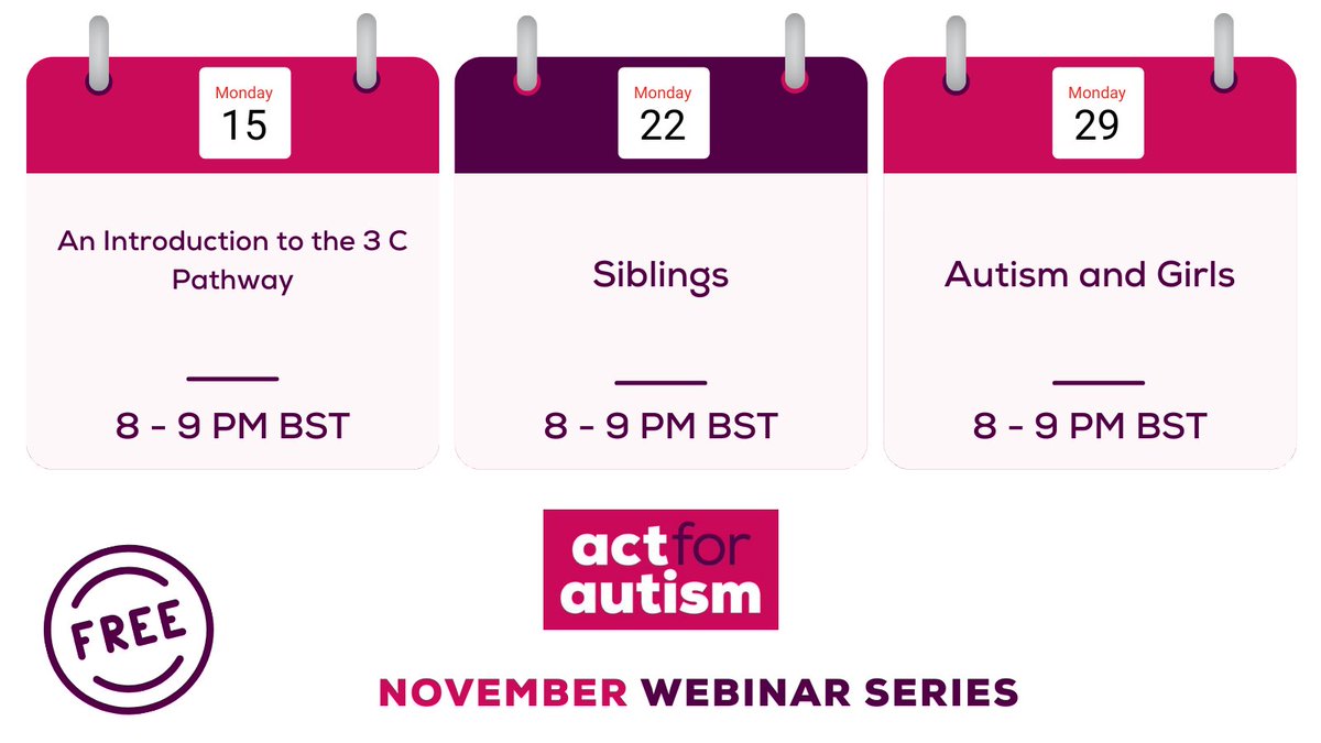 actforautism1's tweet photo. Diaries at the ready! π
We're thrilled to release our November webinar series titles!
These webinars are free and open to all π
Click this link to sign up: https://t.co/Ch3wGHcEuw
Hope to see you there!
The Act for Autism Team x
#autism #autismawareness #autismevents https://t.co/XYUMicMbmN