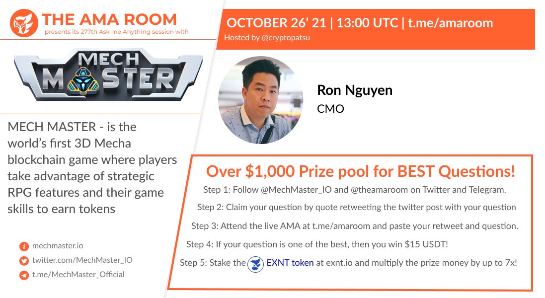 theamarom's tweet photo. Join @MechMaster_IO with your host @cryptopatsu for another #AMA 🔥

⌚️Oct 26 | TUE | 13:00 UTC
💰Over $1000 #Prize Pool
✔ QUOTE RETWEET this WITH your question to qualify!
📍https://t.co/F6PYTiRmIL

#MechMasterxTheAMARoom $MECH #AMARoom #Giveaway 

ℹ️ https://t.co/LemhQDePjW https://t.co/EAMgUv9wKR