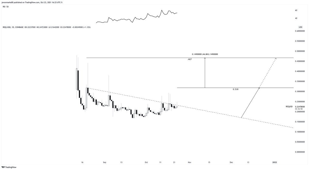 JavonTM1's tweet photo. 🚨 $REQ 1 day chart is approaching a major breakout area which could lead into a run of about +39% to the 1st charted breakout area of .318. If this target is met and broken, the next target for #Request would become .467, about +45% away from the 1st target.
#REQ #REQUSD #Crypto https://t.co/PyVooUVy4M