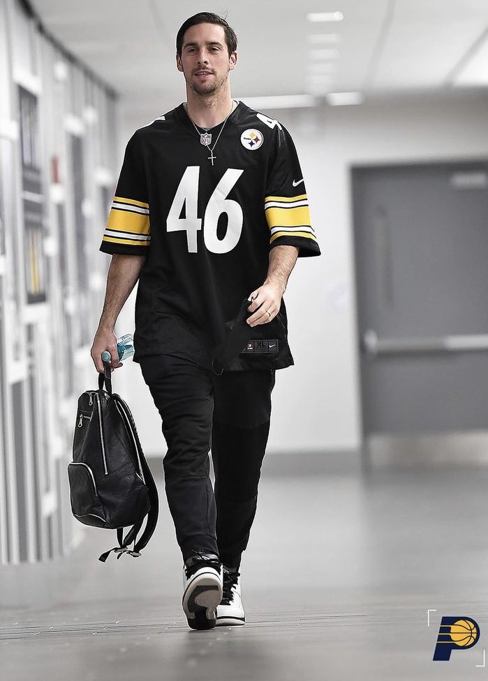BrianBatko's tweet photo. As promised last month, TJ McConnell rocking the Christian Kuntz Steelers jersey for @Pacers’ home opener https://t.co/639LR9lPmw https://t.co/R5oIDr8UiG