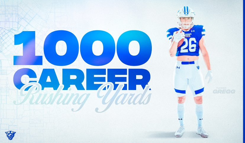 GeorgiaStateFB's tweet photo. With 115 yards rushing in today’s win, @tgreggnation17 officially passes the 1K mark for his career. 👏👏👏

#SoundTheHorn https://t.co/SFm1qpiwwM