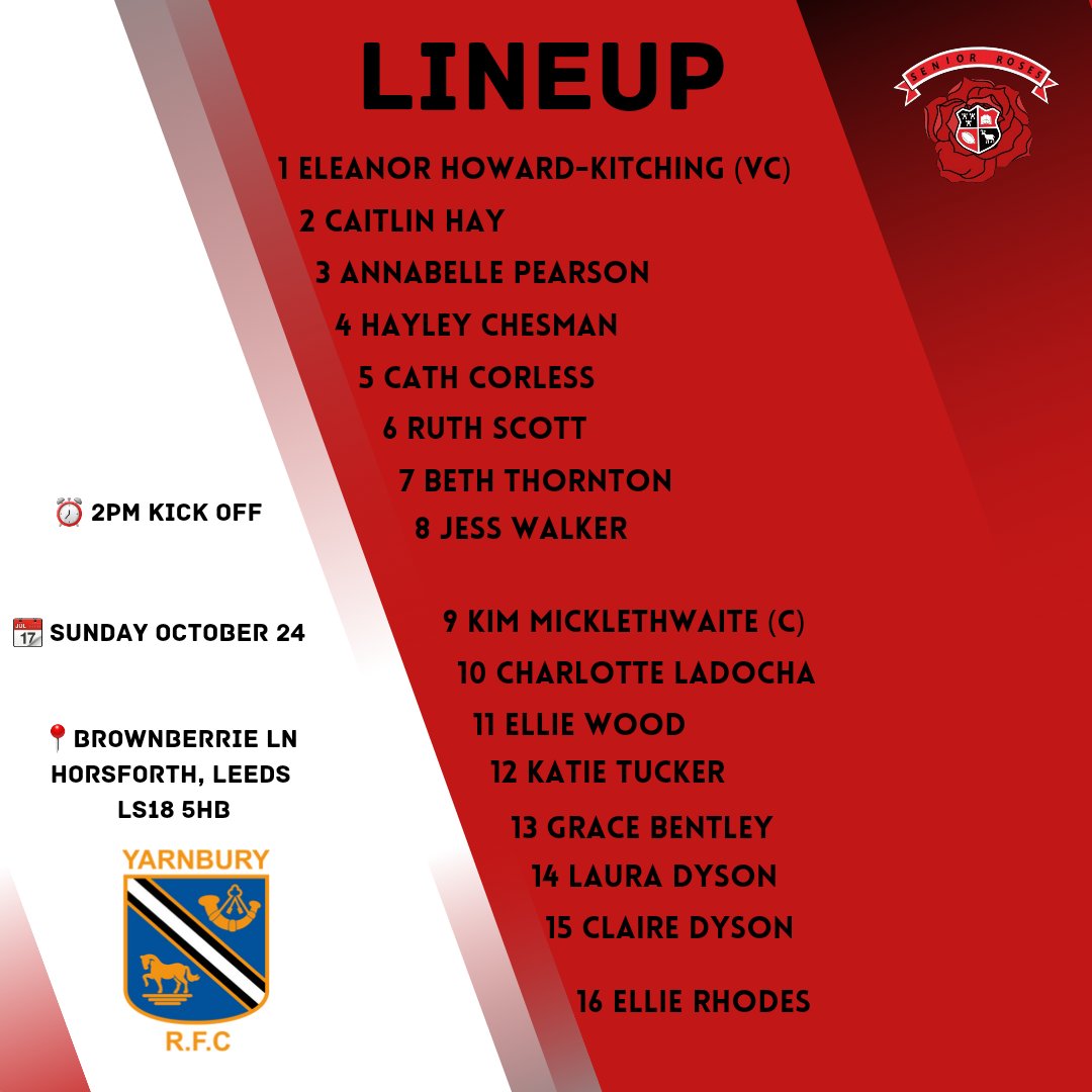 Tomorrows squad to face Yarnbury! 🏉🌹

⏰ 2PM kick Off
📍Brownberrie Ln, Horsforth, Leeds LS18 5HB