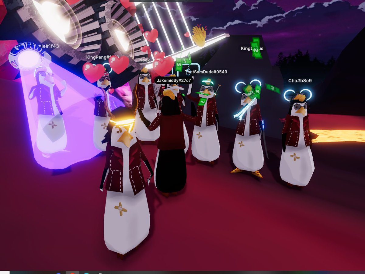 jakemiddy's tweet photo. Exploring @decentraland for the 1st time with @steve_7241. It is absolutely insane to watch a live event in a virtual world dressed as a penguin. Shout out to my fellow Pengs @PenguinFightNFT &amp; the man @Geminhighi for dropping us these outfits 🐧🔥 what an insane community! #PFC https://t.co/0CpLybrB8K