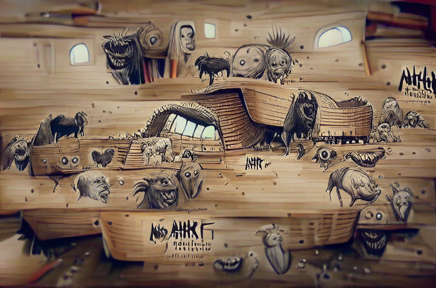 BanjoSmooth's tweet photo. Noah's Horrible Ark of Misfit Monsters

(four variants, all from the same prompt)

#VQGAN #MachineLearning #aiart https://t.co/oz4k8fhKWG