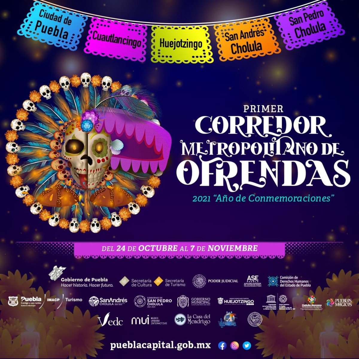 Cultura_BUAP's tweet photo. 🏵 La comunidad universitaria se une al #CorredorOfrendas2021 en un circuito metropolitano.
¡Asiste y toma las medidas de precaución!

En @museounibuap (2 Norte, 2) a partir de las 10 y hasta las 20 horas 💀 https://t.co/Uua7z2dPlj