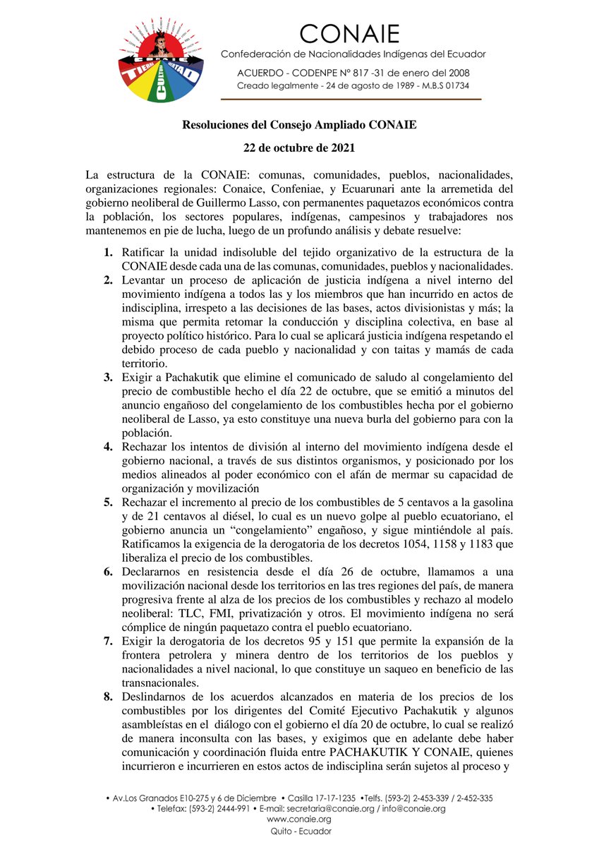 CONAIE_Ecuador's tweet photo. Resoluciones del consejo ampliado de la CONAIE del 22 de octubre 2021. Tras un profundo análisis y debate sobre el anuncio de última hora hecho por el presidente #GuillermoLasso, la coyuntura política, la crisis económica y acciones en el marco de la unidad: 

#SomosConaie https://t.co/9qKi76cjJU
