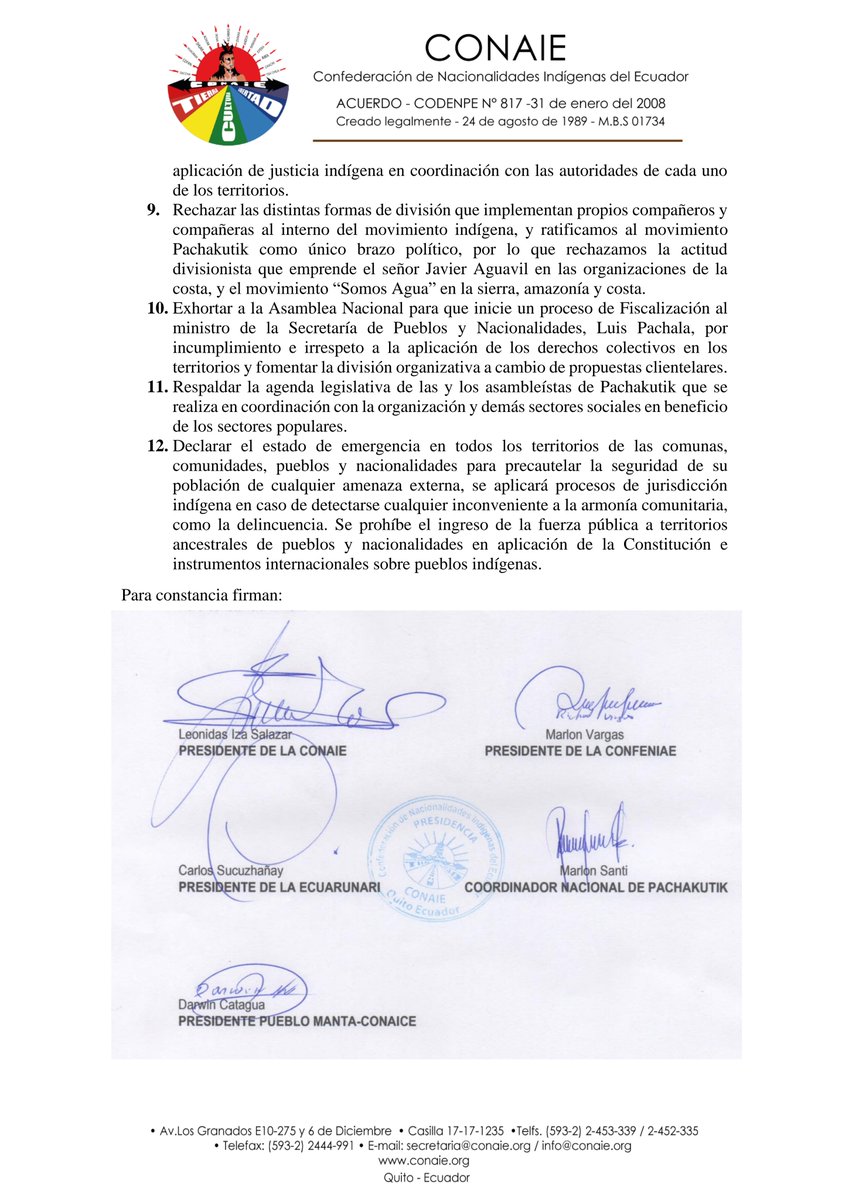 CONAIE_Ecuador's tweet photo. Resoluciones del consejo ampliado de la CONAIE del 22 de octubre 2021. Tras un profundo análisis y debate sobre el anuncio de última hora hecho por el presidente #GuillermoLasso, la coyuntura política, la crisis económica y acciones en el marco de la unidad: 

#SomosConaie https://t.co/9qKi76cjJU