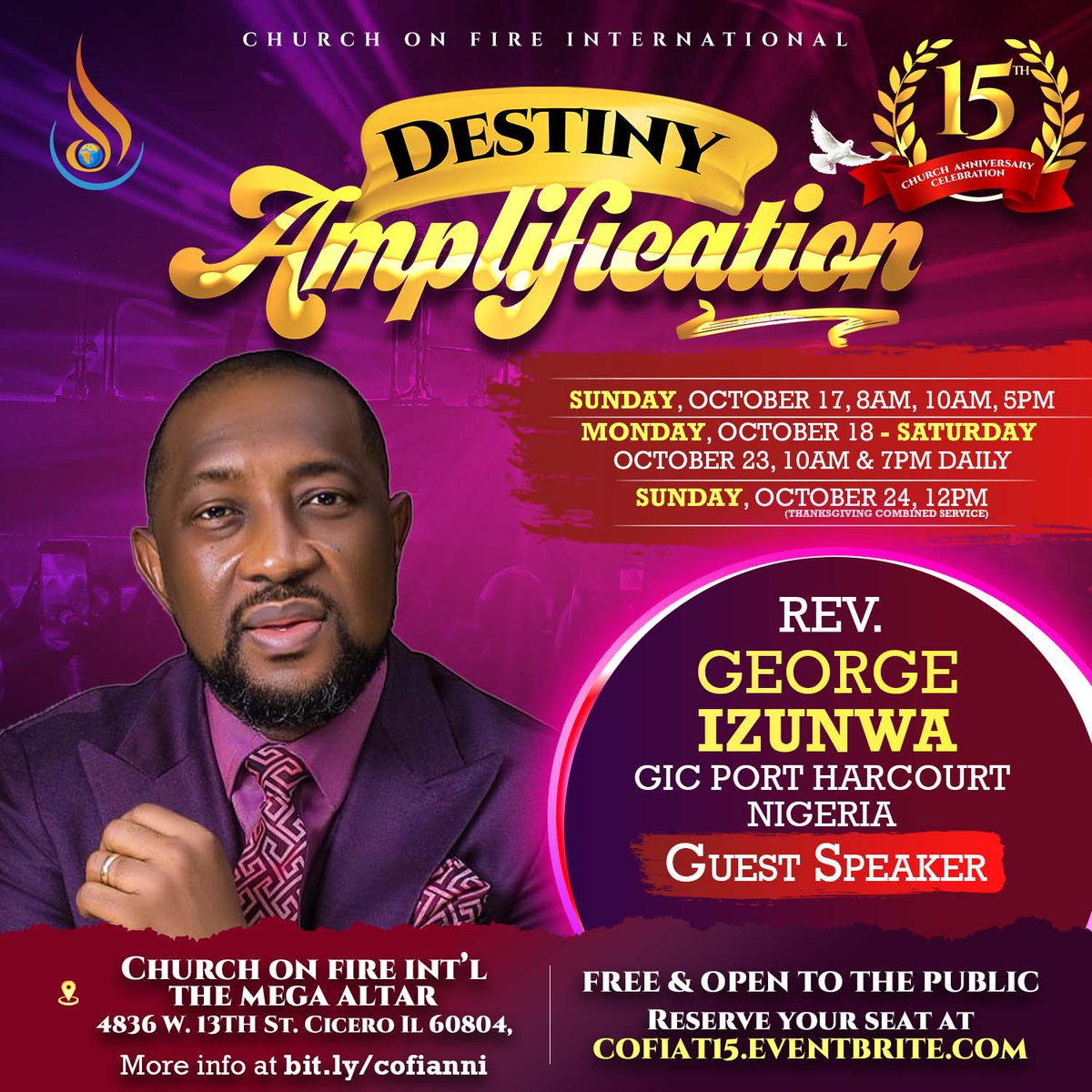 Churchonfireint's tweet photo. It has been an awesome week of #DestinyAmplification. 
Join us tonight at 6:00PM cst as we welcome Rev. @Georgeizunwa &amp; Pastor @YemiDavids .

In-person or via https://t.co/qcEIUcJOba

#cofiat15 #destiny #amplification #extreme #distinction #Revival #RevivalFire @DrDavidPhilemon https://t.co/g6N0ZUDWPw