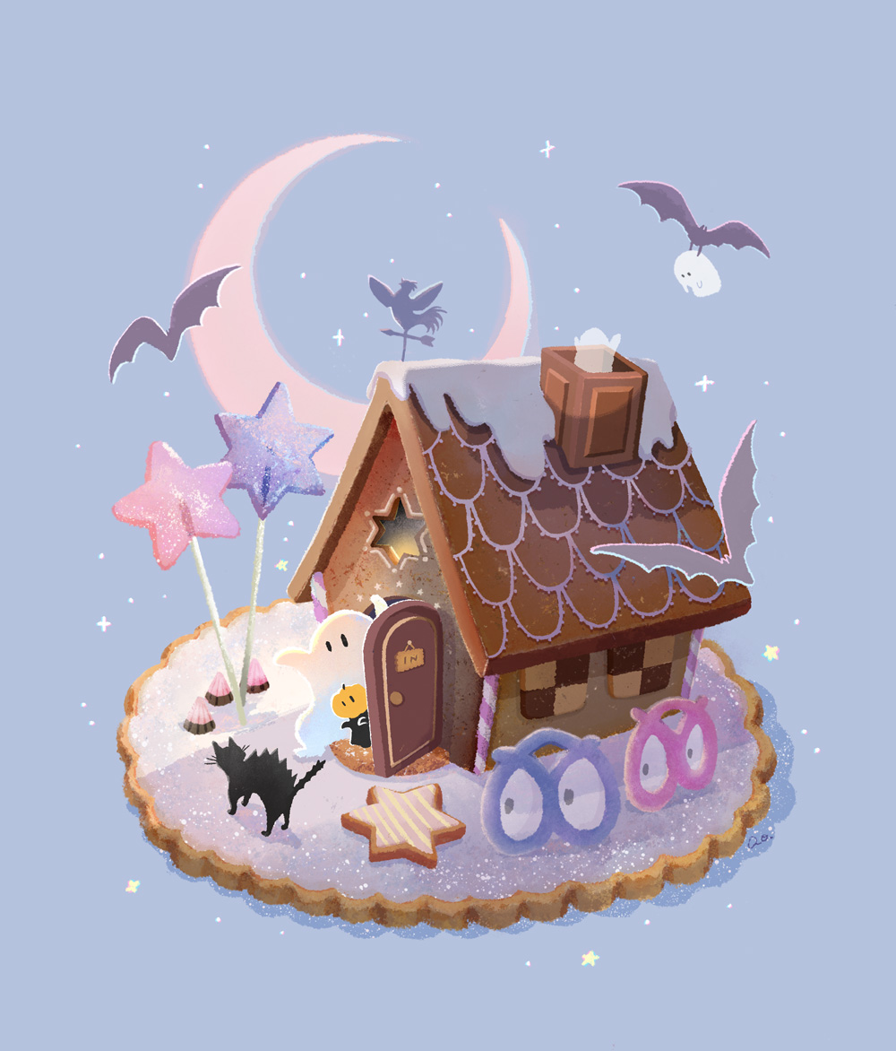 「月とおばけとお菓子の家 」|aoのイラスト