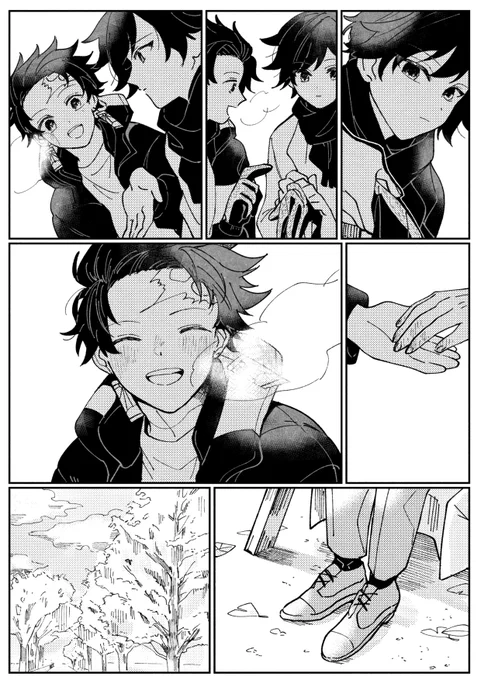 現パロ炭義(2/2)待つあいだ デートの待ち合わせする2人 