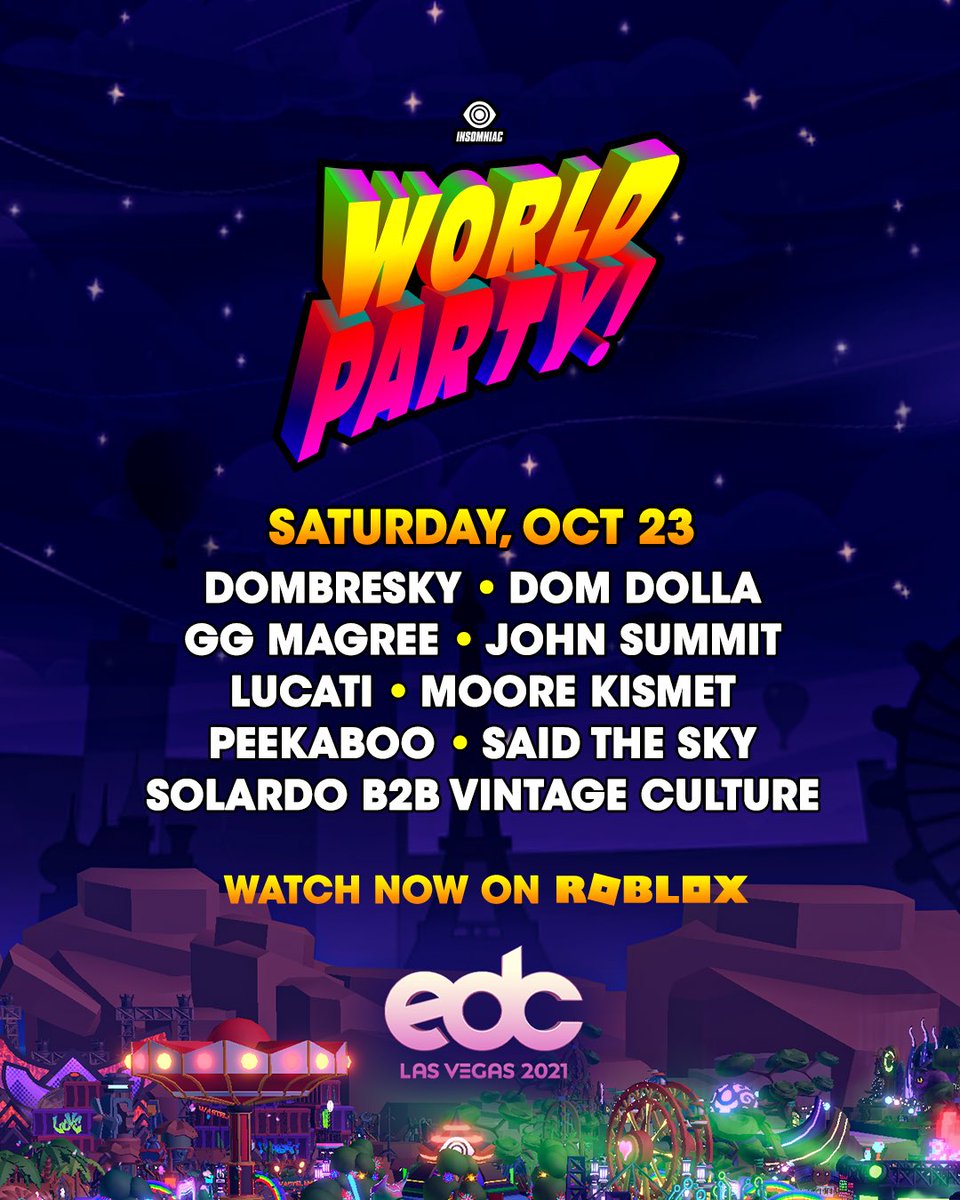 VrtlWorldParty's tweet photo. It’s a #WorldParty in our @roblox metaverse! 👾🌍 Hop in NOW &amp; get down to your favorite DJ’s @edc_lasvegas sets + explore our new universe all night long.🕺🎡💥 → https://t.co/Jee6pJW9cz https://t.co/6qnMOrhGY1