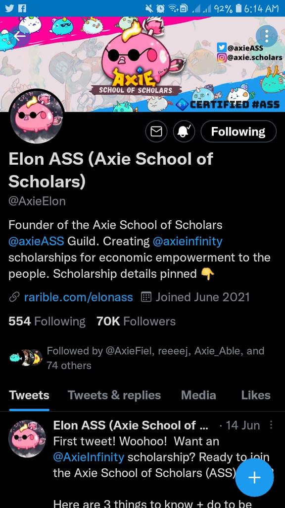 ASSnyd's tweet photo. Congratulations he reached the 70k followers and I'm glad I'm one of these 70k .. and I'm thankful because I'm one of the scholars.  by bro.  @axieElon and @axieASS to this very kind person .. may grace and blessings.  ASS Blast😊💪💪🍑🍑🍑🎉 https://t.co/WwouBk05Td