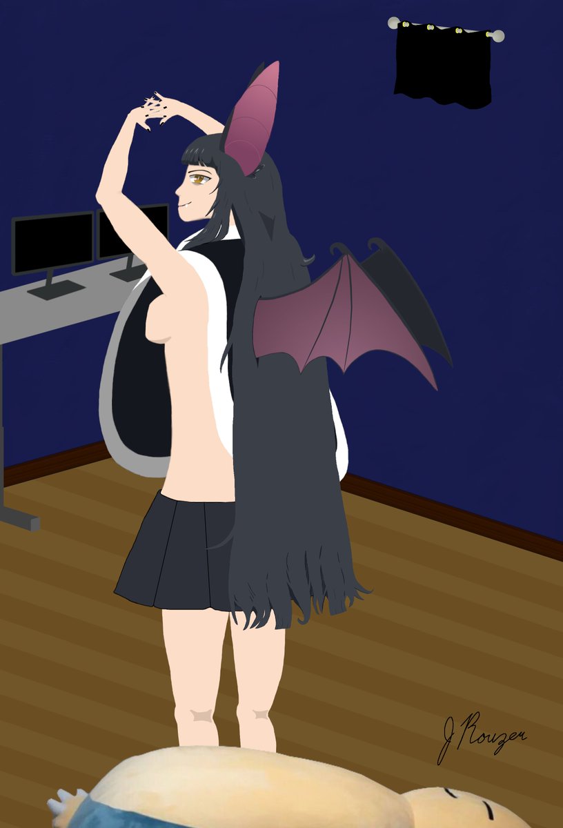 JCRouzer29's tweet photo. What better day to call completion of my drawing than the bat's own birthday!  Have a happy birthday Moriko #OnlyBats Other tag because a bit lewd https://t.co/vWb8QWjj61