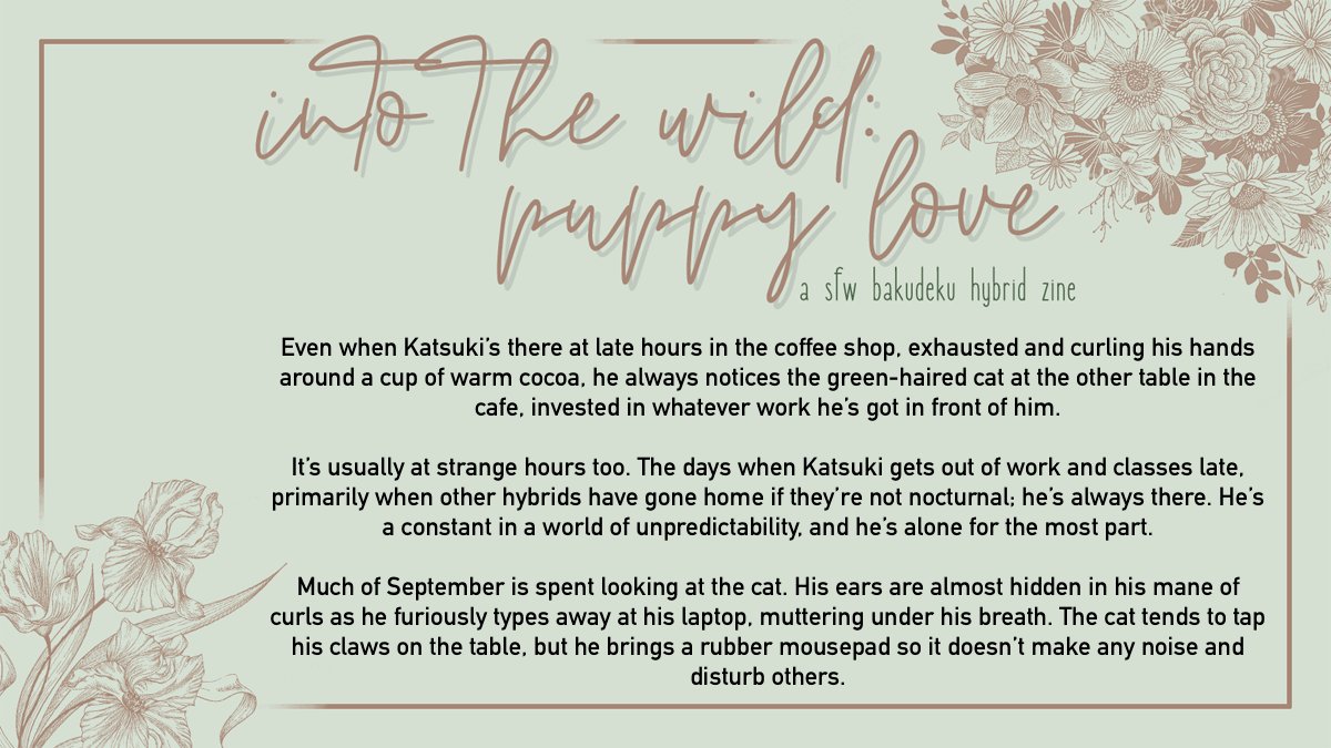 Apologizes for being late, but here's my preview for <a href="/IntoTheWildBkDk/">Into The Wild: A BkDk/DkBk Zine</a>! Thank you to the mods for being so kind with the zine and letting me hard flex with some academia in my fic LMFAO ✨💚🧡