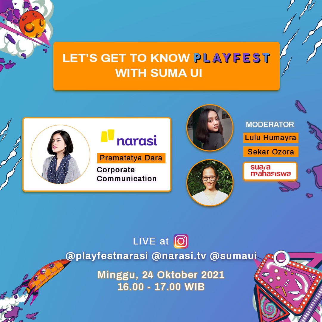 narasitv's tweet image. Masih bingung ada apa aja sih di Playfest? Ada yang baru di Playfest tahun ini? 🤔

Daripada bingung, yuk nonton IG Live @playfestnarasi  dan Narasi bareng @sumaui!

Catet tanggalnya &amp;amp; sampai ketemu sore ini! ✨

#Playfest2021 #MoreVirtualExperience #Narasi #JadiPaham