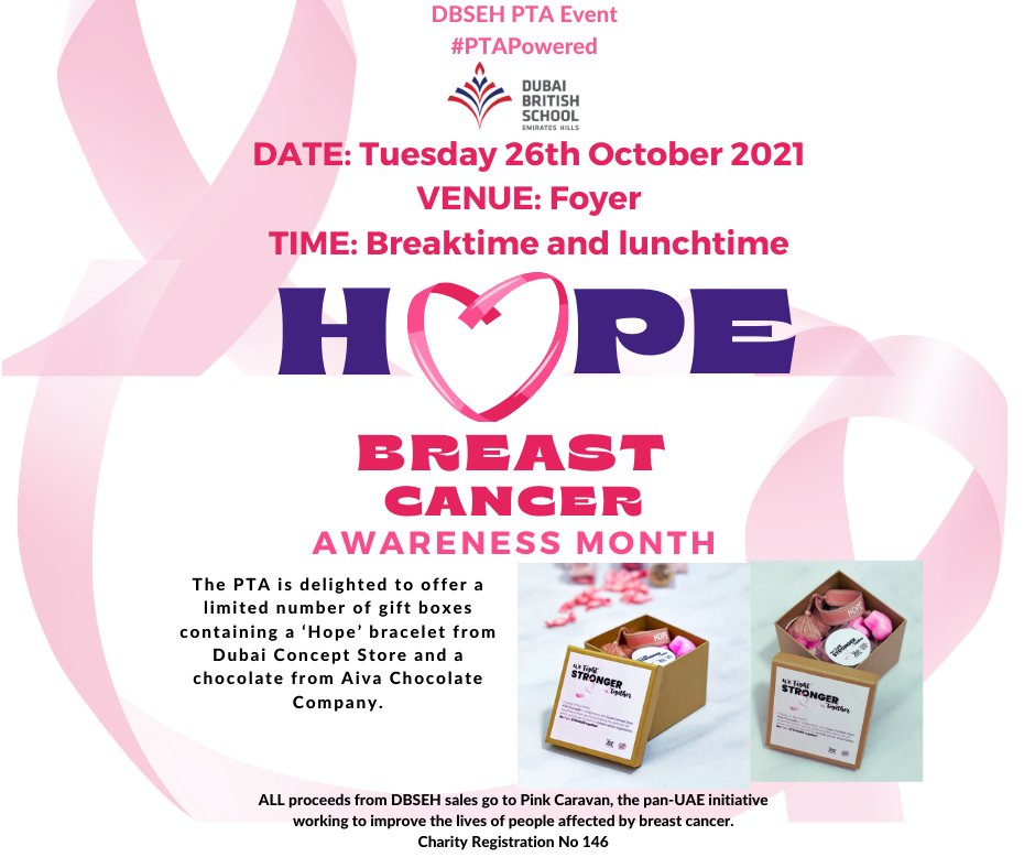 DubaiBritishEH's tweet photo. As part of Breast Cancer Awareness Month, the PTA are selling beautiful boxes containing a 'Hope' bracelet from Dubai Concept Store and a chocolate from Aiva Chocolate Company, in aid of Pink Caravan. Available at break and lunch Tue 26th Oct for 50dhs #PTAPowered #BeginsAtDBSEH https://t.co/61Fz1KK0na