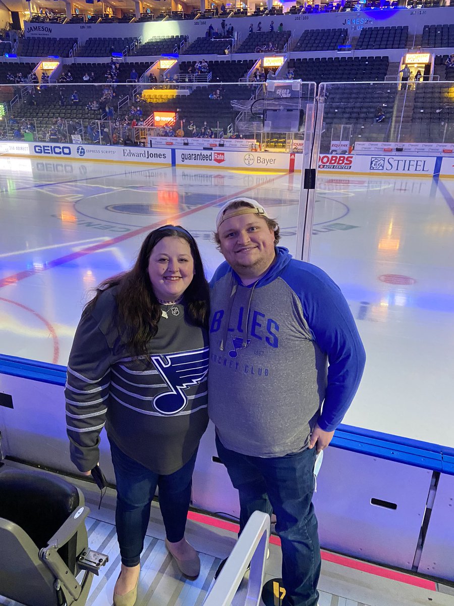 JesCat's tweet photo. @tompugh74 and I got our first wedding gift a few weeks ago (6 months early) - tickets to the @StLouisBlues Home Opener! Our first game as a couple, our first home opener, and the closest either of us have ever been to the ice. Plus a BLUES WIN!!! Perfection. #LGB 💙💛💙 https://t.co/o1ny54A5uK