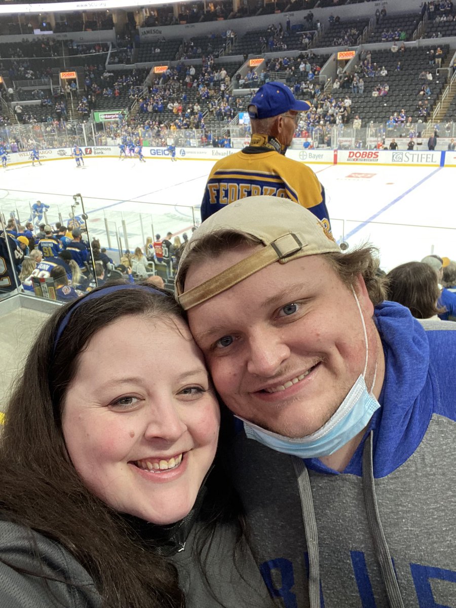 JesCat's tweet photo. @tompugh74 and I got our first wedding gift a few weeks ago (6 months early) - tickets to the @StLouisBlues Home Opener! Our first game as a couple, our first home opener, and the closest either of us have ever been to the ice. Plus a BLUES WIN!!! Perfection. #LGB 💙💛💙 https://t.co/o1ny54A5uK