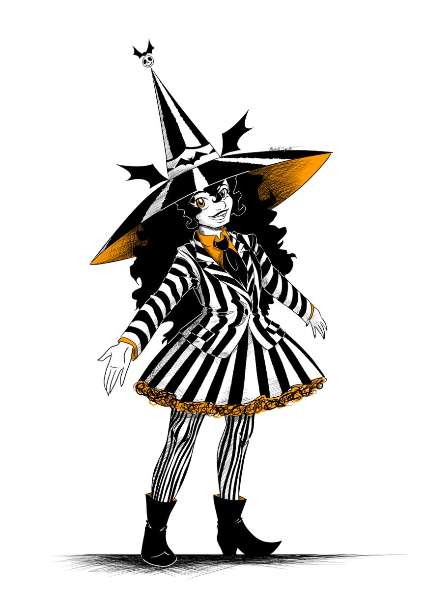 mcaputo_'s tweet photo. It's show time!

Been noticing a lot of Beetle juice merch on the net lately so heres Marisa in a beetlejuice inspired outfit but instead of maroon she sported her trade mark orange. 

HAPPY HALLOWEEN EVERYONE!!

#inktober2021 #mcaputoart #original #witch #beetlejuice https://t.co/y7wqIpnbZF