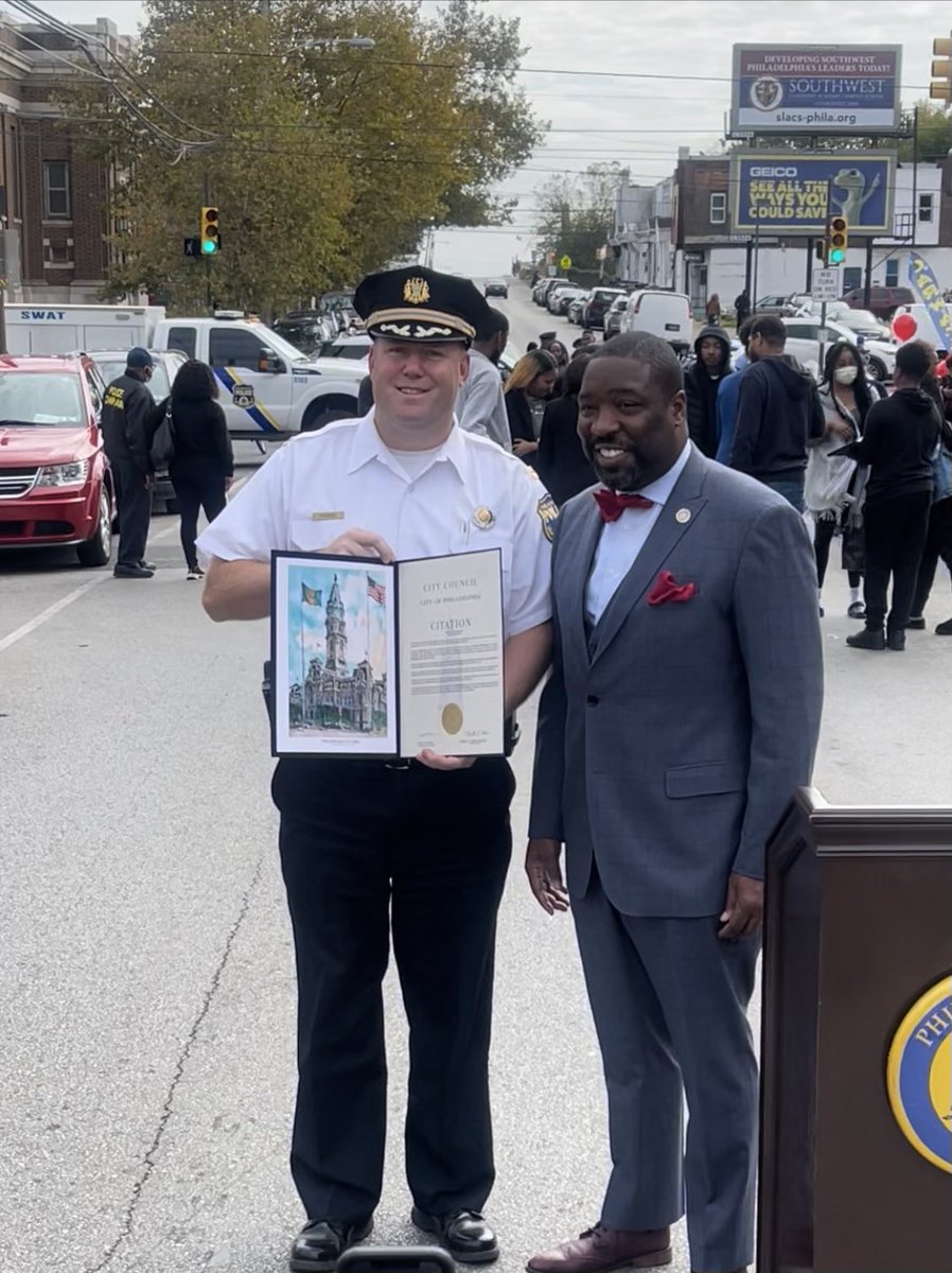 PPDScottDrissel's tweet photo. Very humbled &amp; thankful to be recognized by @CouncilmemberKJ at the SW Pride event today. It has been a long, hard and stressful year, but without the preservation and hard work of the @PPD12Dist officers and supervisors, this wouldn’t have been possible. Thank you! @PhillyPolice https://t.co/iw99jVmAzQ