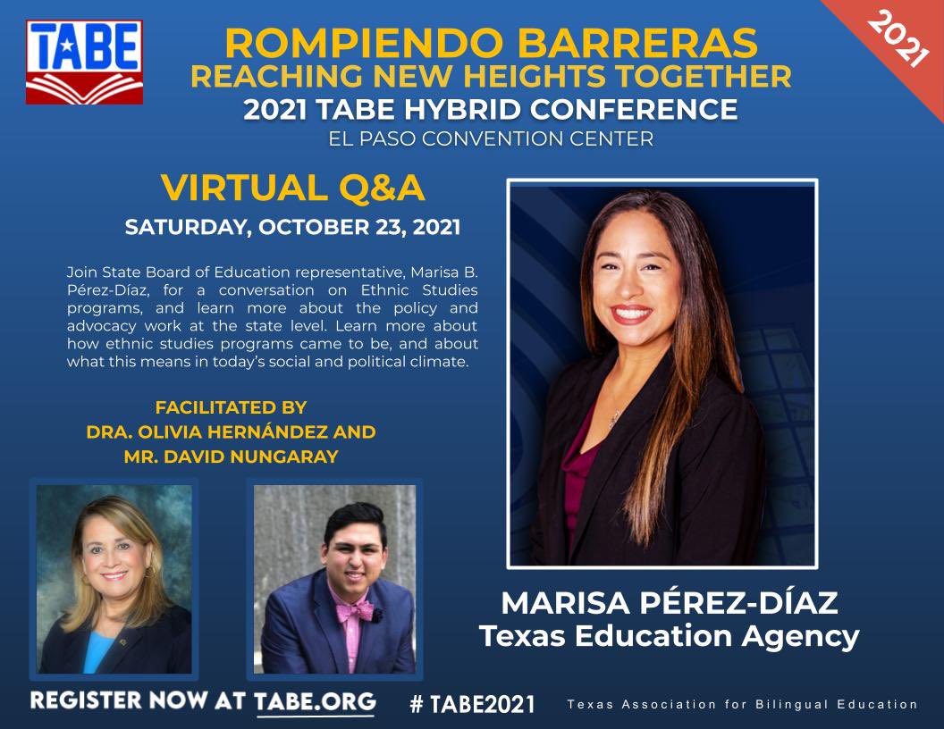 Had the privilege to facilite a platica with <a href="/Marisa4PubEd/">Marisa B. Perez</a> alongside <a href="/OliviaHdzC/">Dra. Olivia Hernández</a> on The State of Ethnic Studies in Texas. Una conversación poderosa with such passion and hope. La lucha sigue. Get involved and go vote. <a href="/TA4BE/">TABE</a> <a href="/TXSBOE/">Texas SBOE</a> #TABE2021 tea.co1.qualtrics.com/jfe/form/SV_39…