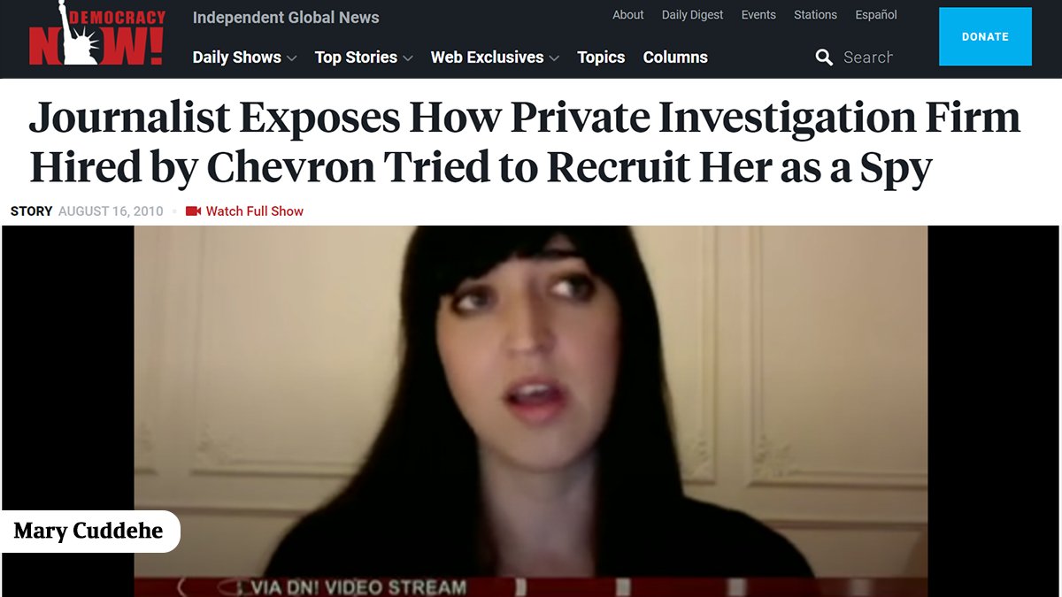 SDonziger's tweet photo. A stunning expose about how @Chevron tried to bribe a young woman to spy on our legal team in Ecuador while posing as a fake journalist.
https://t.co/58Ehs0xsJN https://t.co/XaeI0Ad4Hh