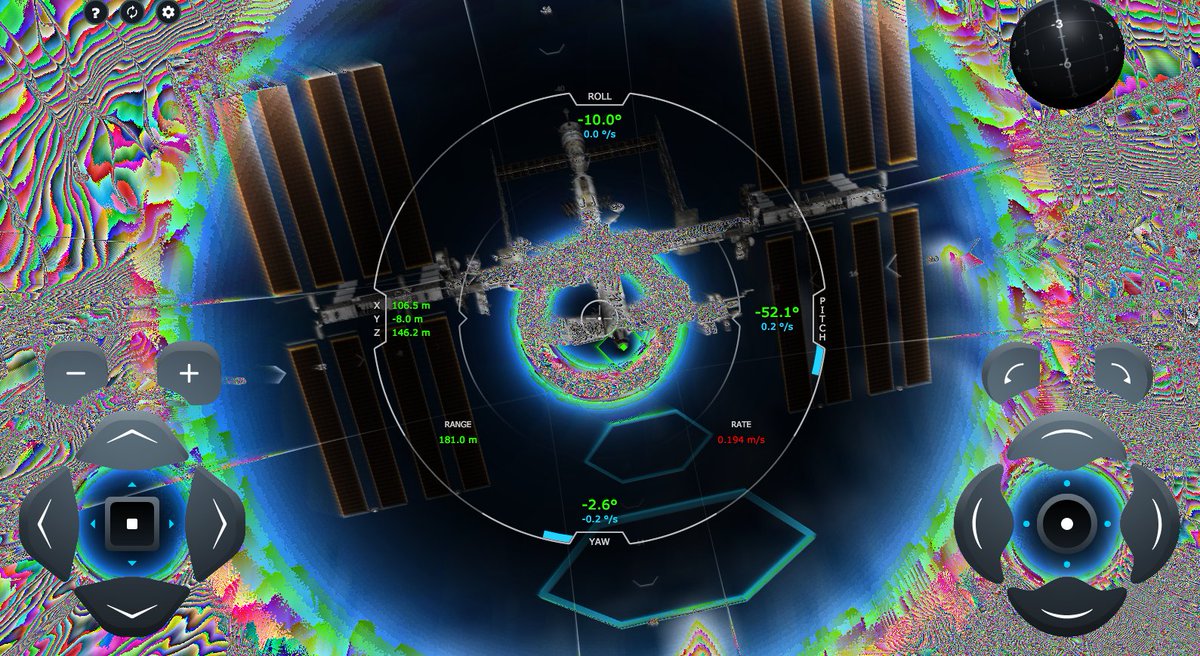 Trying @SpaceX 's ISS docking simulator on my desktop, and this is what was showing. LOL! Just a screen shot, so those colours were moving as I was trying! I hope this isn't what Dragon Crew sees when they're docking! #ISS https://t.co/40FWUlLxyZ