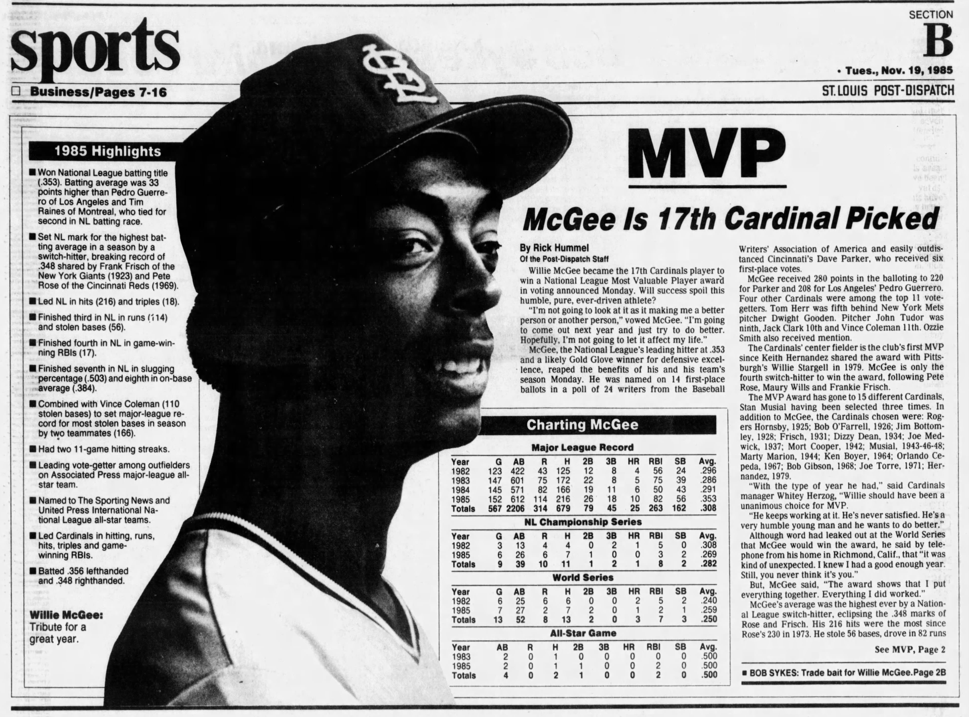 80s Baseball - 11/18/85 Willie McGee wins the N.L. M.V.P. Willie led the  league in batting average (.353) and hits (216) and also stole 56 bases. As  a team, the Cardinals swiped