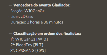 Vitória: Evento GLAD  
Servidor: BEDROCK/BLUE

GG a todos os participantes!