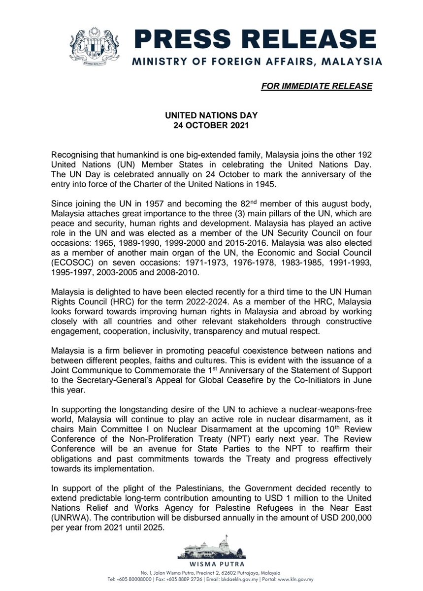 MalaysiaMFA's tweet photo. Press Release: United Nations Day, 24 October 2021

@saifuddinabd @KamarudinJaffar @IkramShahrul @amran_zin @CheongLL_WP @MYNewYorkUN1 @JPenerangan @bernamadotcom https://t.co/jyUpDZjFxV