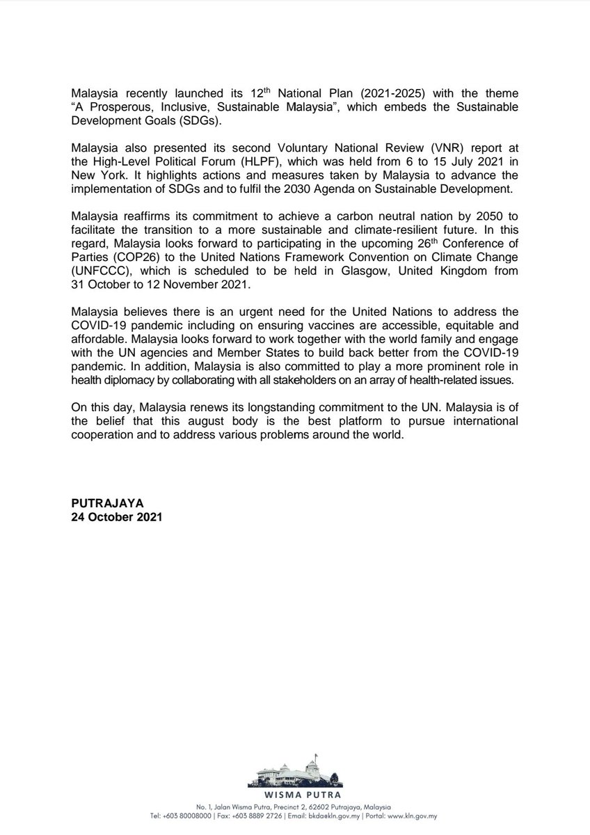 MalaysiaMFA's tweet photo. Press Release: United Nations Day, 24 October 2021

@saifuddinabd @KamarudinJaffar @IkramShahrul @amran_zin @CheongLL_WP @MYNewYorkUN1 @JPenerangan @bernamadotcom https://t.co/jyUpDZjFxV